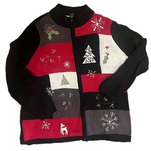 Christmas Cardigan with Zipper with Appliqués and Embroidery. Size 1X. Good Used